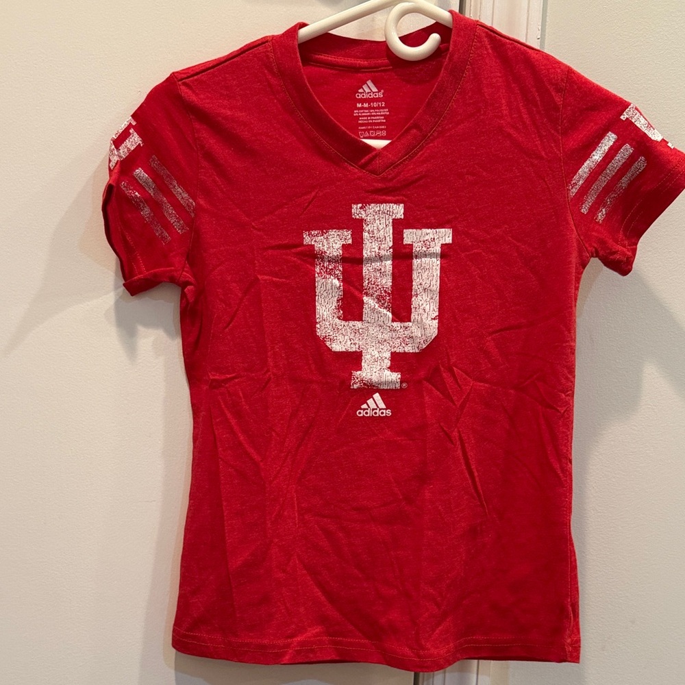 Adidas Red T-Shirt with White IU Logo. Size medium (10/12)